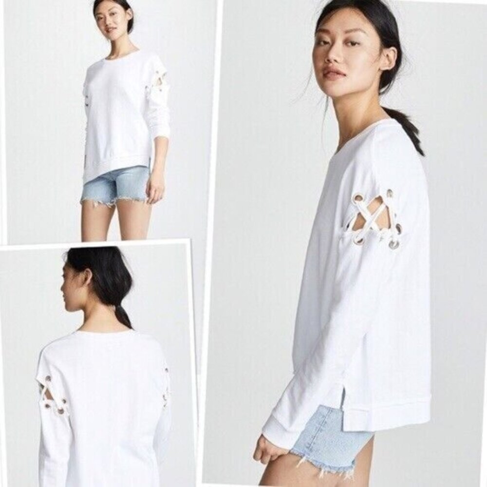 Joe's Jeans Alice Lace Up Sleeve White Cotton Sweatshirt Pullover Top SZ L New